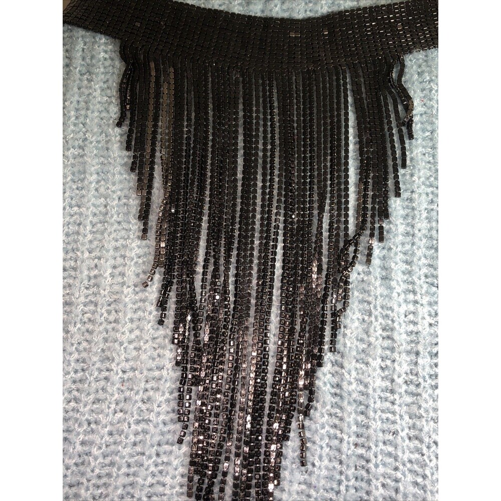 Black Rhinestone Fringe Statement Choker 16" Dramatic Cascading V-shaped Bib